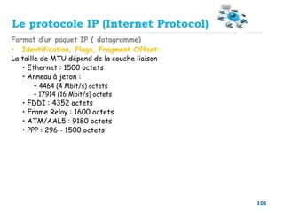 101
Format d’un paquet IP ( datagramme)
• Identification, Flags, Fragment Offset:
La taille de MTU dépend de la couche liaison
• Ethernet : 1500 octets
• Anneau à jeton :
– 4464 (4 Mbit/s) octets
– 17914 (16 Mbit/s) octets
• FDDI : 4352 octets
• Frame Relay : 1600 octets
• ATM/AAL5 : 9180 octets
• PPP : 296 - 1500 octets
Le protocole IP (Internet Protocol)
 
