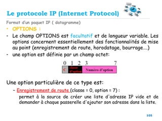 105
Format d’un paquet IP ( datagramme)
• OPTIONS :
- Le champ OPTIONS est facultatif et de longueur variable. Les
options concernent essentiellement des fonctionnalités de mise
au point (enregistrement de route, horodatage, bourrage….)
- une option est définie par un champ octet:
Une option particulière de ce type est:
- Enregistrement de route (classe = 0, option = 7) :
permet à la source de créer une liste d'adresse IP vide et de
demander à chaque passerelle d'ajouter son adresse dans la liste.
Le protocole IP (Internet Protocol)
 