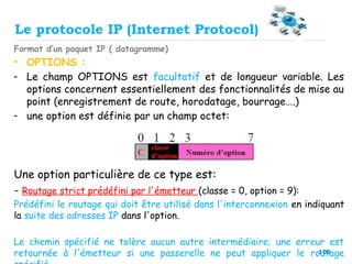 106
Format d’un paquet IP ( datagramme)
• OPTIONS :
- Le champ OPTIONS est facultatif et de longueur variable. Les
options concernent essentiellement des fonctionnalités de mise au
point (enregistrement de route, horodatage, bourrage….)
- une option est définie par un champ octet:
Une option particulière de ce type est:
- Routage strict prédéfini par l'émetteur (classe = 0, option = 9):
Prédéfini le routage qui doit être utilisé dans l'interconnexion en indiquant
la suite des adresses IP dans l'option.
Le chemin spécifié ne tolère aucun autre intermédiaire; une erreur est
retournée à l'émetteur si une passerelle ne peut appliquer le routage
Le protocole IP (Internet Protocol)
 