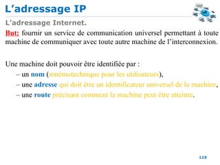 L’adressage IP
119
L’adressage Internet.
But: fournir un service de communication universel permettant à toute
machine de communiquer avec toute autre machine de l’interconnexion.
Une machine doit pouvoir être identifiée par :
– un nom (mnémotechnique pour les utilisateurs),
– une adresse qui doit être un identificateur universel de la machine,
– une route précisant comment la machine peut être atteinte.
 