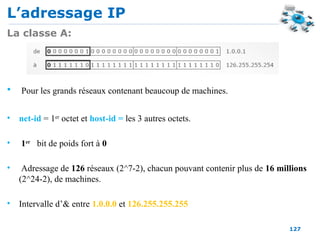 L’adressage IP
127
La classe A:
• Pour les grands réseaux contenant beaucoup de machines.
• net-id = 1er
octet et host-id = les 3 autres octets.
• 1er
bit de poids fort à 0
• Adressage de 126 réseaux (2^7-2), chacun pouvant contenir plus de 16 millions
(2^24-2), de machines.
• Intervalle d’& entre 1.0.0.0 et 126.255.255.255
 