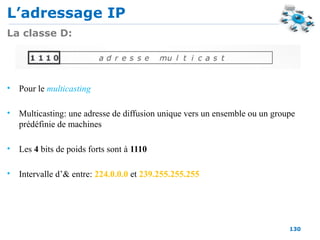 L’adressage IP
130
La classe D:
• Pour le multicasting
• Multicasting: une adresse de diffusion unique vers un ensemble ou un groupe
prédéfinie de machines
• Les 4 bits de poids forts sont à 1110
• Intervalle d’& entre: 224.0.0.0 et 239.255.255.255
 