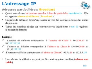 L’adressage IP
133
Adresses particulières: Broadcast
• Quand une adresse ne contient que des 1 dans la partie hôte <net-id><1> . Elle
est appelée adresse de diffusion ( broadcast )
• On parle de diffusion lorsqu'une source envoie des données à toutes les unités
d'un réseau.
• Toutes les machines situées sur le même réseau spécifié par le net- id reçoivent
le paquet de données
Exemple:
 L’adresse de diffusion correspondant à l’adresse de Classe A 90.25.48.10 est
90.255.255.255
 L’adresse de diffusion correspondant à l’adresse de Classe B 130.100.20.10 est
130.100.255.255
 L’adresse de diffusion correspondant à l’adresse de Classe C 192.5.5.11 est 192.5.5.255
• Une adresse de diffusion ne peut pas être attribué a une machine (adresse non
valide)
 