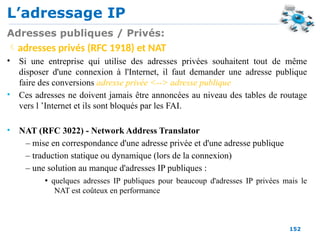 L’adressage IP
152
Adresses publiques / Privés:
adresses privés (RFC 1918) et NAT
• Si une entreprise qui utilise des adresses privées souhaitent tout de même
disposer d'une connexion à l'Internet, il faut demander une adresse publique
faire des conversions adresse privée <--> adresse publique
• Ces adresses ne doivent jamais être annoncées au niveau des tables de routage
vers l ’Internet et ils sont bloqués par les FAI.
• NAT (RFC 3022) - Network Address Translator
– mise en correspondance d'une adresse privée et d'une adresse publique
– traduction statique ou dynamique (lors de la connexion)
– une solution au manque d'adresses IP publiques :
• quelques adresses IP publiques pour beaucoup d'adresses IP privées mais le
NAT est coûteux en performance
 