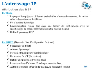 L’adressage IP
155
Attribution des & IP
Par Bootp
 Le paquet Bootp (protocol Bootstrap) inclut les adresses des serveurs, du routeur,
et les informations sur le fabicant
 Pas d’adresse dynamique
 L’administrateur réseau doit créer une fichier de configuration avec les
spécifications de chaque matériel réseau et le maintenir à jour
 Utilise le protocole UDP
Par DHCP (Dynamic Host Configuration Protocol)
 Successeur du Bootp
 Adresse dynamique
 Moins de travail pour l’administrateur
 Un serveur DHCP ( le routeur)
 Définir une plage d’adresses à louer
 Le serveur loue l’adresse IP à chaque nouveau hôte
 Autre information obtenue: le masque, la passerelle, le DNS
 