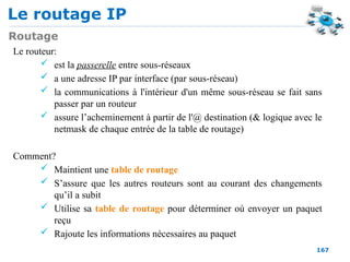 Le routage IP
167
Routage
Le routeur:
 est la passerelle entre sous-réseaux
 a une adresse IP par interface (par sous-réseau)
 la communications à l'intérieur d'un même sous-réseau se fait sans
passer par un routeur
 assure l’acheminement à partir de l'@ destination (& logique avec le
netmask de chaque entrée de la table de routage)
Comment?
 Maintient une table de routage
 S’assure que les autres routeurs sont au courant des changements
qu’il a subit
 Utilise sa table de routage pour déterminer où envoyer un paquet
reçu
 Rajoute les informations nécessaires au paquet
 