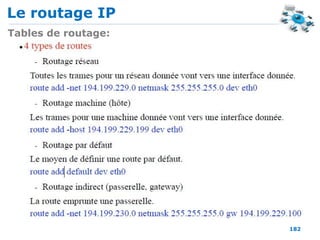 Le routage IP
182
Tables de routage:
 