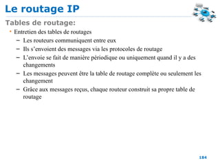 Le routage IP
184
Tables de routage:
• Entretien des tables de routages
– Les routeurs communiquent entre eux
– Ils s’envoient des messages via les protocoles de routage
– L’envoie se fait de manière périodique ou uniquement quand il y a des
changements
– Les messages peuvent être la table de routage complète ou seulement les
changement
– Grâce aux messages reçus, chaque routeur construit sa propre table de
routage
 