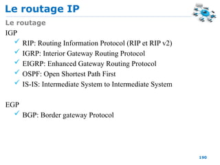 Le routage IP
190
Le routage
IGP
 RIP: Routing Information Protocol (RIP et RIP v2)
 IGRP: Interior Gateway Routing Protocol
 EIGRP: Enhanced Gateway Routing Protocol
 OSPF: Open Shortest Path First
 IS-IS: Intermediate System to Intermediate System
EGP
 BGP: Border gateway Protocol
 