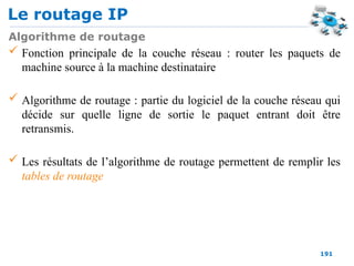 Le routage IP
191
Algorithme de routage
 Fonction principale de la couche réseau : router les paquets de
machine source à la machine destinataire
 Algorithme de routage : partie du logiciel de la couche réseau qui
décide sur quelle ligne de sortie le paquet entrant doit être
retransmis.
 Les résultats de l’algorithme de routage permettent de remplir les
tables de routage
 