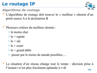 Le routage IP
192
Algorithme de routage
 L’algorithme de routage doit trouver le « meilleur » chemin d’un
point source A à la destination B
 Plusieurs critères du meilleur chemin :
o le moins cher
o le + rapide
o le + sûr
o le + court
o le + grand débit
o passer par le moins de nœuds possibles,…
 La situation d’un réseau change tout le temps : décision prise à
l’instant t n’est plus forcément optimale à t+dt
 