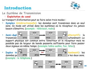 48
Le Système de Transmission
 Exploitation de canal
Le transport d’information peut se faire selon trois modes :
• Symplex (Unidirectionnelle): les données sont transmises dans un seul
sens. Ce mode est utilisé dans les systèmes où le récepteur n’a jamais
besoin d’émettre. (exemple : télévision, radio)
• Semi-duplex / half duplex (Bidirectionnelle à l’alternatif): la
transmission est possible dans les deux sens mais pas simultanément. Le
support physique est commun entre l’émetteur et le récepteur mais ne
possède pas de largeur de bande passante suffisante pour faire passer
deux signaux en même temps. (exemple talkie-walkie, fax, télex).
• Duplex intégral / full duplex (Bidirectionnelle simultanément): les
données peuvent être émises et reçues simultanément dans les deux sens.
(exemple : le téléphone.)
Introduction
 