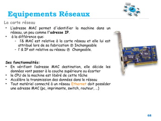 68
La carte réseau
Equipements Réseaux
• L’adresse MAC permet d'identifier la machine dans un
réseau, un peu comme l'adresse IP.
• à la différence que:
- l’& MAC est relative à la carte réseau et elle lui est
attribué lors de sa fabrication  Inchangeable
- l’ & IP est relative au réseau  Changeable.
Ses fonctionnalités:
• En vérifiant l’adresse MAC destination, elle décide les
données vont passer à la couche supérieure ou écarter
• le CPU de la machine est libéré de cette tâche
• Accélère la transmission des données dans le réseau
• Tout matériel connecté à un réseau Ethernet doit posséder
une adresse MAC (pc, imprimante, switch, routeur, …)
 