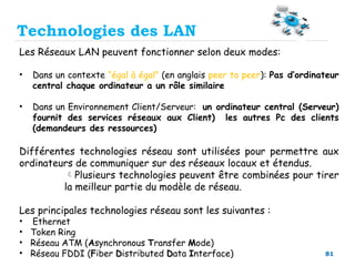 81
Technologies des LAN
Les Réseaux LAN peuvent fonctionner selon deux modes:
• Dans un contexte “égal à égal” (en anglais peer to peer): Pas d’ordinateur
central chaque ordinateur a un rôle similaire
• Dans un Environnement Client/Serveur: un ordinateur central (Serveur)
fournit des services réseaux aux Client) les autres Pc des clients
(demandeurs des ressources)
Différentes technologies réseau sont utilisées pour permettre aux
ordinateurs de communiquer sur des réseaux locaux et étendus.
Plusieurs technologies peuvent être combinées pour tirer
la meilleur partie du modèle de réseau.
Les principales technologies réseau sont les suivantes :
• Ethernet
• Token Ring
• Réseau ATM (Asynchronous Transfer Mode)
• Réseau FDDI (Fiber Distributed Data Interface)
 