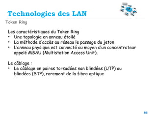 85
Technologies des LAN
Token Ring
Les caractéristiques du Token Ring
• Une topologie en anneau étoilé
• La méthode d’accès au réseau le passage du jeton
• L’anneau physique est connecté au moyen d’un concentrateur
appelé MSAU (Multistation Access Unit).
Le câblage :
• Le câblage en paires torsadées non blindées (UTP) ou
blindées (STP), rarement de la fibre optique
 