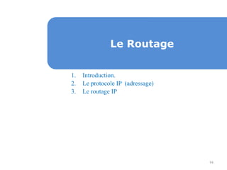 94
Le Routage
1. Introduction.
2. Le protocole IP (adressage)
3. Le routage IP
 