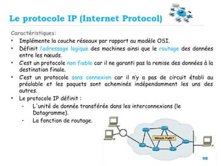 98
Le protocole IP (Internet Protocol)
Caractéristiques:
• Implémente la couche réseaux par rapport au modèle OSI.
• Définit l’adressage logique des machines ainsi que le routage des données
entre les nœuds.
• C’est un protocole non fiable car il ne garanti pas la remise des données à la
destination finale.
• C’est un protocole sans connexion car il n’y a pas de circuit établi au
préalable et les paquets sont acheminés indépendamment les uns des
autres.
• Le protocole IP définit :
- L'unité de donnée transférée dans les interconnexions (le
Datagramme).
- La fonction de routage.
 