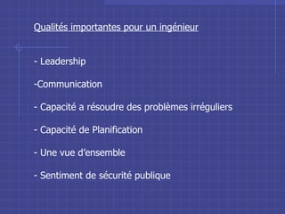 Qualités importantes pour un ingénieur Leadership Communication Capacité a résoudre des problèmes irréguliers Capacité de Planification Une vue d’ensemble Sentiment de sécurité publique 