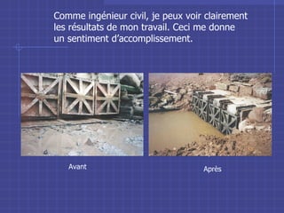 Comme ingénieur civil, je peux voir clairement les résultats de mon travail. Ceci me donne un sentiment d’accomplissement. Avant Après Avant Après 