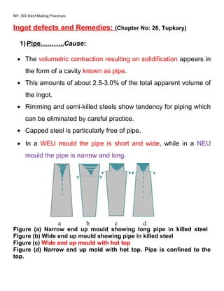 MY: 301 Steel Making Processes
Ingot defects and Remedies: (Chapter No: 26, Tupkary)
1) Pipe………..Cause:
• The volumetric contraction resulting on solidification appears in
the form of a cavity known as pipe.
• This amounts of about 2.5-3.0% of the total apparent volume of
the ingot.
• Rimming and semi-killed steels show tendency for piping which
can be eliminated by careful practice.
• Capped steel is particularly free of pipe.
• In a WEU mould the pipe is short and wide, while in a NEU
mould the pipe is narrow and long.
Figure (a) Narrow end up mould showing long pipe in killed steel
Figure (b) Wide end up mould showing pipe in killed steel
Figure (c) Wide end up mould with hot top
Figure (d) Narrow end up mold with hot top. Pipe is confined to the
top.
 