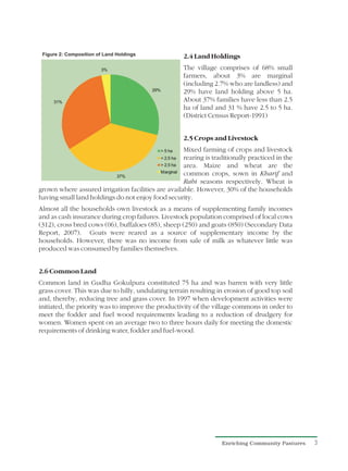 II. The Practice                                     2.4 Land Holdings
                                                     The village comprises of 68% small
                                                     farmers, about 3% are marginal
                                                     (including 2.7% who are landless) and
                                                     29% have land holding above 5 ha.
                                                     About 37% families have less than 2.5
                                                     ha of land and 31 % have 2.5 to 5 ha.
                                                     (District Census Report-1991)


                                                     2.5 Crops and Livestock
                                                    Mixed farming of crops and livestock
                                                    rearing is traditionally practiced in the
                                                    area. Maize and wheat are the
                                                    common crops, sown in Kharif and
                                                    Rabi seasons respectively. Wheat is
grown where assured irrigation facilities are available. However, 30% of the households
having small land holdings do not enjoy food security.
Almost all the households own livestock as a means of supplementing family incomes
and as cash insurance during crop failures. Livestock population comprised of local cows
(312), cross bred cows (06), buffaloes (85), sheep (250) and goats (850) (Secondary Data
Report, 2007). Goats were reared as a source of supplementary income by the
households. However, there was no income from sale of milk as whatever little was
produced was consumed by families themselves.


2.6 Common Land
Common land in Gudha Gokulpura constituted 75 ha and was barren with very little
grass cover. This was due to hilly, undulating terrain resulting in erosion of good top soil
and, thereby, reducing tree and grass cover. In 1997 when development activities were
initiated, the priority was to improve the productivity of the village commons in order to
meet the fodder and fuel wood requirements leading to a reduction of drudgery for
women. Women spent on an average two to three hours daily for meeting the domestic
requirements of drinking water, fodder and fuel-wood.




                                                                   Enriching Community Pastures   3
 