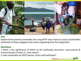 Aims & Research Questions

Gnetum africana

Aim
Explore forest-poverty-commodity link using NTFP value chains to assess (sustainable)
livelihoods of those engaged in the chains originating from the Congo Basin.

Questions
1. What is the significance of NTFPs to the livelihoods (economic, socio-cultural &
environmental) of actors in value chains?
2. How sustainable are NTFP species, chains and livelihoods?
THINKING beyond the canopy

 