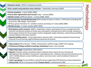 Selection
Field
work

VCA

2007-2010

PAR

Analysis

Outputs

• Literature review - NTFPs in Cameroon and VCs
• Actor sample and production zones selection – Stakeholder interviews (2007)
• Prunus Inventory - 3 zones (2007-2008)
• Prunus Bark regeneration post-harvest study – 4 zones (2009)
• Botanic survey melliferous plants – 2 zones (2008, 2010)
• Structured actor household interviews (25% sample of actors in chains ) = 4370 actors (including 703
consumers), 288 villages, 178 markets
• 40 focus group interviews & 7 problem analysis workshops in 4 cities (2006-2009)
• Market surveys – 5 major markets (2007-2010)
• Participatory action research: SWOTs, stakeholder analysis, participatory Prunus management plan,
chemical and physical analysis of honey, wax and propolis, entrepreneurial skills training, setting up a
Honey Export Scheme for the European market, Geographic Origin Indication, national honey profiling
and pilot Market Information Systems.
• Capacity building events; Group organisation, business skills, harvesting, production & processing
(honey & Prunus) training, legal framework awareness & revision
• Data analysis SPSS and Excel, TIAMA, interpretation satellite images, SWOT, GIS mapping
• Preliminary findings verified in meetings /workshops & peer cross-checked

• Value chain maps: visualisations, MIS systems
• Reports: Problem analyses workshop reports, Baseline Chain reports Prunus Inventory &
Management Plan Guideline, Assessment sustainable harvest methods, Harvest and inventory norms
(GTZ + CIFOR), Botanic survey melliferous plants, Summary actors recommendations Revision of
Forestry Laws
• Actors’ groupings: Prunus Platform, Scientific Group supporting CITES Authority, Honey Federations
• Policy briefs: NTFPs in Cameroon & DRC Product sheets: 5 Cameroon & 3 DRC
THINKING beyond the canopy

Methodology

Review

 