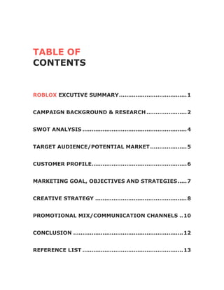 TABLE OF
CONTENTS
ROBLOX EXCUTIVE SUMMARY.....................................1
CAMPAIGN BACKGROUND & RESEARCH......................2
SWOT ANALYSIS .........................................................4
TARGET AUDIENCE/POTENTIAL MARKET....................5
CUSTOMER PROFILE....................................................6
MARKETING GOAL, OBJECTIVES AND STRATEGIES.....7
CREATIVE STRATEGY ..................................................8
PROMOTIONAL MIX/COMMUNICATION CHANNELS ..10
CONCLUSION ............................................................12
REFERENCE LIST .......................................................13
 