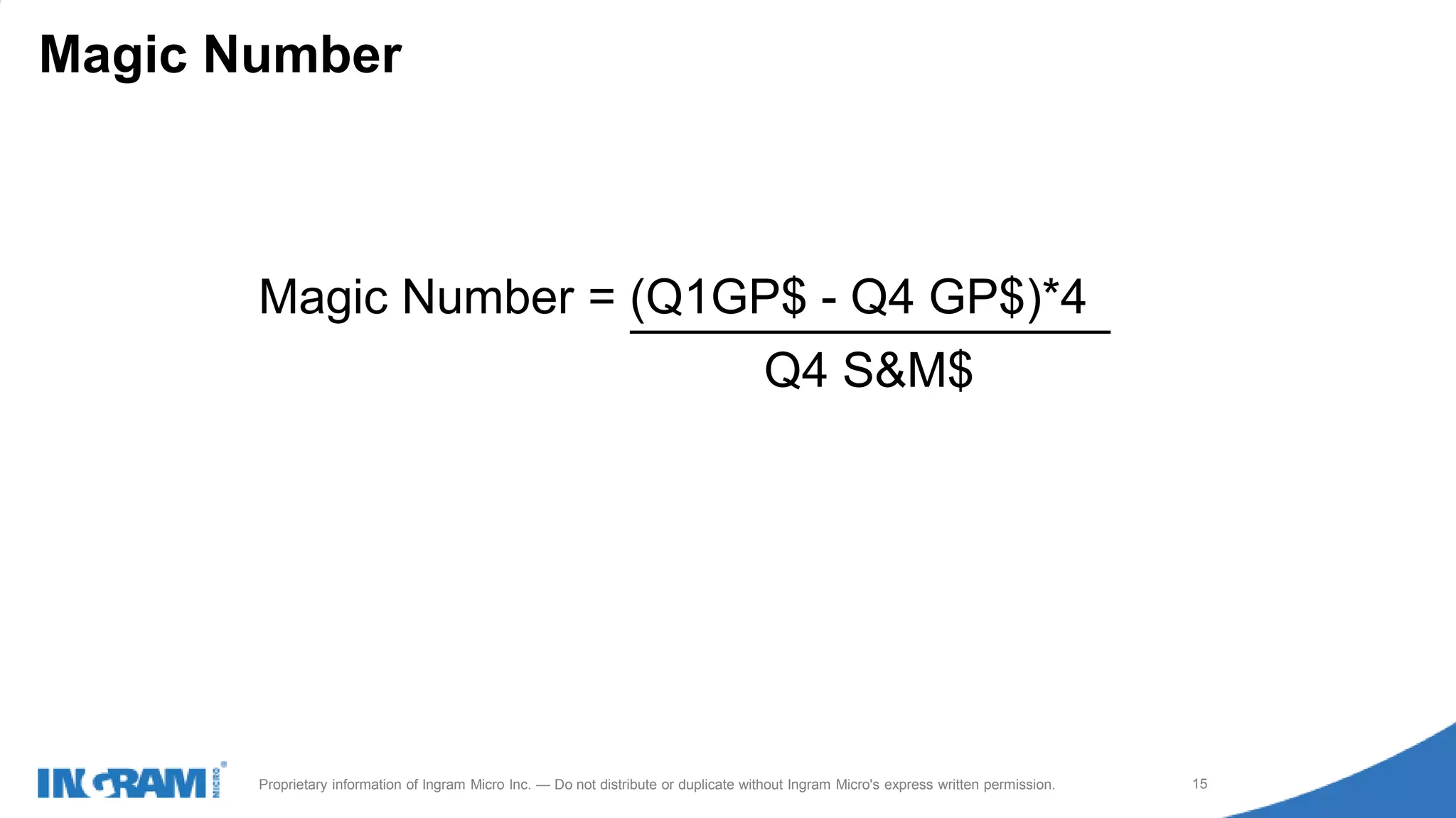1411022rev rev 12-1-14
15Proprietary information of Ingram Micro Inc. — Do not distribute or duplicate without Ingram Micro's express written permission.
Magic Number
Magic Number = (Q1GP$ - Q4 GP$)*4
Q4 S&M$
 