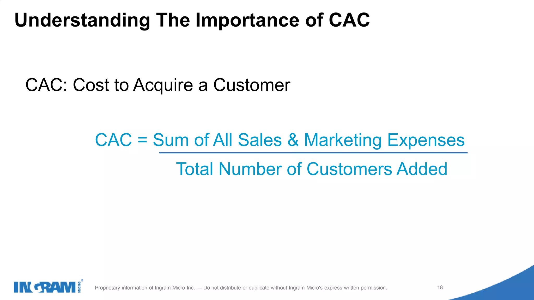 1411022rev rev 12-1-14
18Proprietary information of Ingram Micro Inc. — Do not distribute or duplicate without Ingram Micro's express written permission.
Understanding The Importance of CAC
CAC: Cost to Acquire a Customer
CAC = Sum of All Sales & Marketing Expenses
Total Number of Customers Added
 