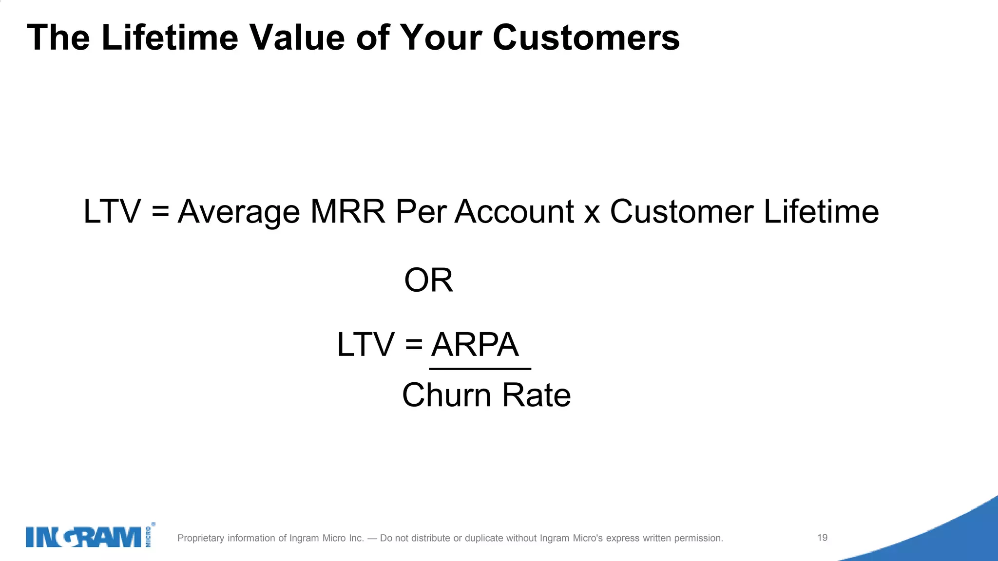1411022rev rev 12-1-14
19Proprietary information of Ingram Micro Inc. — Do not distribute or duplicate without Ingram Micro's express written permission.
The Lifetime Value of Your Customers
LTV = Average MRR Per Account x Customer Lifetime
OR
LTV = ARPA
Churn Rate
 