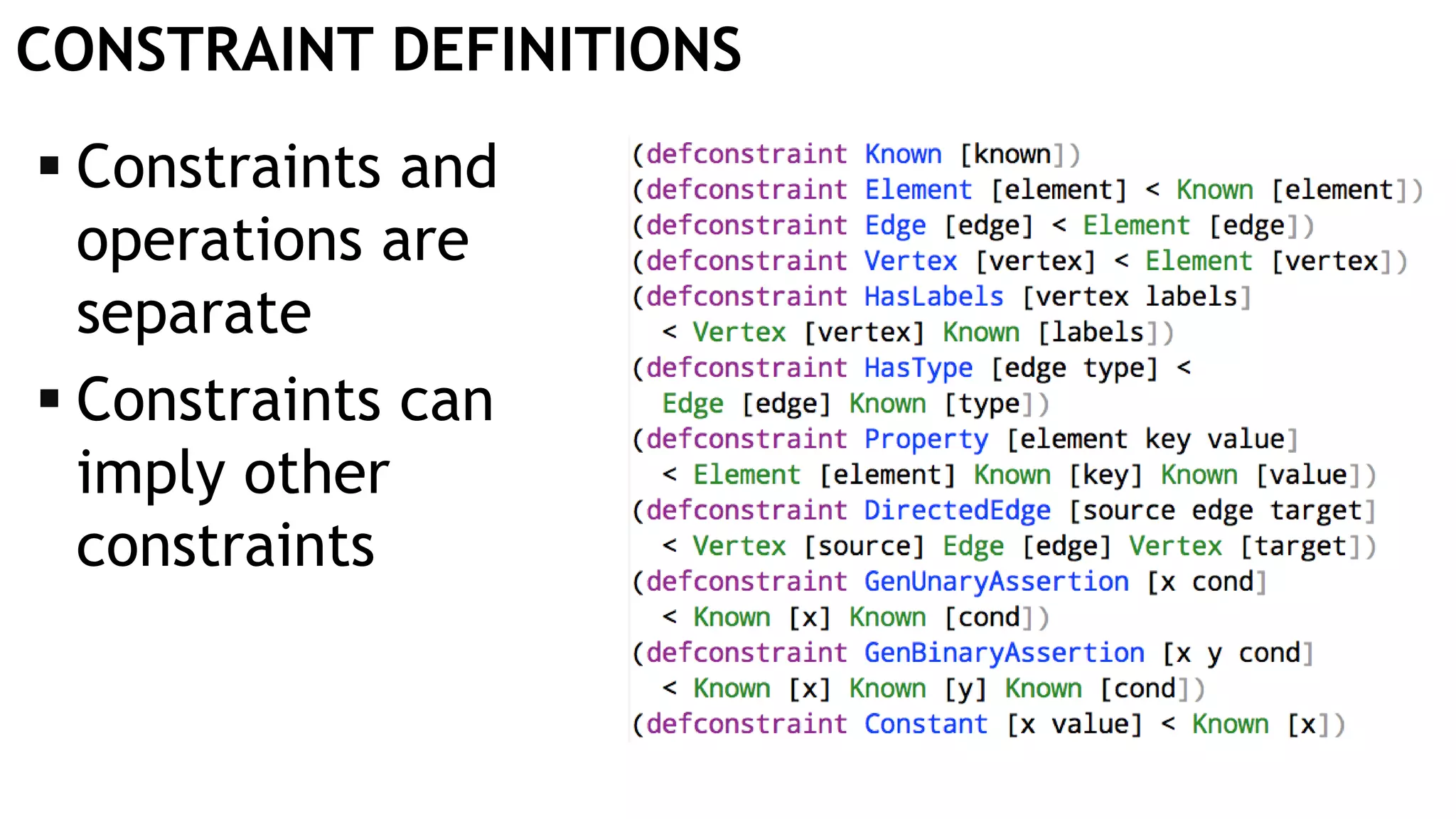 CONSTRAINT DEFINITIONS  Constraints and operations are separate  Constraints can imply other constraints 