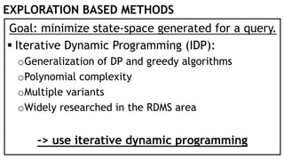 EXPLORATION BASED METHODS
Goal: minimize state-space generated for a query.
 Iterative Dynamic Programming (IDP):
oGeneralization of DP and greedy algorithms
oPolynomial complexity
oMultiple variants
oWidely researched in the RDMS area
-> use iterative dynamic programming
 