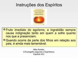 Instruções dos Espíritos
Fruto imediato do egoísmo, a ingratidão sempre
causa indignação tanto em quem a sofre quanto
nos que a presenciam.
Quando ocorre da parte dos filhos em relação aos
pais, é ainda mais lamentável.
Fruto imediato do egoísmo, a ingratidão sempre
causa indignação tanto em quem a sofre quanto
nos que a presenciam.
Quando ocorre da parte dos filhos em relação aos
pais, é ainda mais lamentável.
Allan Kardec,
O Evangelho segundo o Espiritismo,
Capítulo XIV.
 