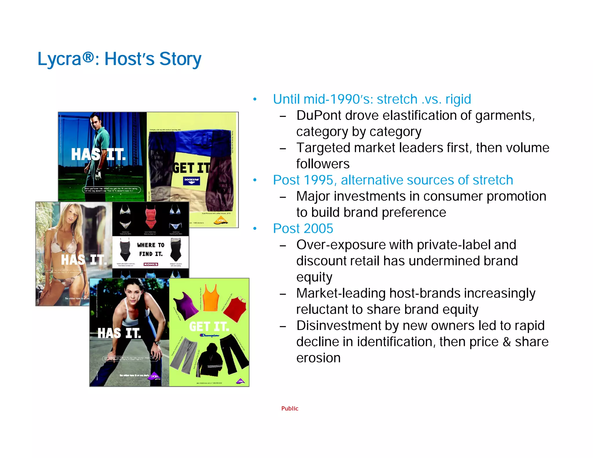 Public
Lycra®: Host’s Story
• Until mid-1990’s: stretch .vs. rigid
– DuPont drove elastification of garments,
category by category
– Targeted market leaders first, then volume
followers
• Post 1995, alternative sources of stretch
– Major investments in consumer promotion
to build brand preference
• Post 2005
– Over-exposure with private-label and
discount retail has undermined brand
equity
– Market-leading host-brands increasingly
reluctant to share brand equity
– Disinvestment by new owners led to rapid
decline in identification, then price & share
erosion
 
