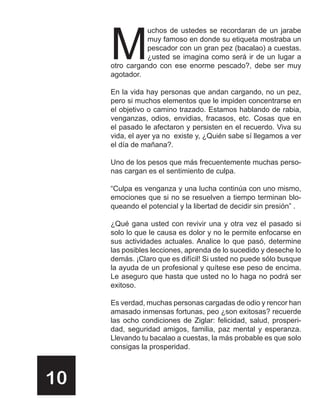 M
                uchos de ustedes se recordaran de un jarabe
                muy famoso en donde su etiqueta mostraba un
                pescador con un gran pez (bacalao) a cuestas.
                ¿usted se imagina como será ir de un lugar a
     otro cargando con ese enorme pescado?, debe ser muy
     agotador.

     En la vida hay personas que andan cargando, no un pez,
     pero si muchos elementos que le impiden concentrarse en
     el objetivo o camino trazado. Estamos hablando de rabia,
     venganzas, odios, envidias, fracasos, etc. Cosas que en
     el pasado le afectaron y persisten en el recuerdo. Viva su
     vida, el ayer ya no existe y, ¿Quién sabe sí llegamos a ver
     el día de mañana?.

     Uno de los pesos que más frecuentemente muchas perso-
     nas cargan es el sentimiento de culpa.

     “Culpa es venganza y una lucha continúa con uno mismo,
     emociones que si no se resuelven a tiempo terminan blo-
     queando el potencial y la libertad de decidir sin presión” .

     ¿Qué gana usted con revivir una y otra vez el pasado si
     solo lo que le causa es dolor y no le permite enfocarse en
     sus actividades actuales. Analice lo que pasó, determine
     las posibles lecciones, aprenda de lo sucedido y deseche lo
     demás. ¡Claro que es difícil! Si usted no puede sólo busque
     la ayuda de un profesional y quítese ese peso de encima.
     Le aseguro que hasta que usted no lo haga no podrá ser
     exitoso.

     Es verdad, muchas personas cargadas de odio y rencor han
     amasado inmensas fortunas, peo ¿son exitosas? recuerde
     las ocho condiciones de Ziglar: felicidad, salud, prosperi-
     dad, seguridad amigos, familia, paz mental y esperanza.
     Llevando tu bacalao a cuestas, la más probable es que solo
     consigas la prosperidad.



10
 