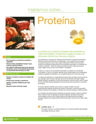 © 2012 Herbalife International of America, Inc. Todos los derechos reservados. SAM/CAM. WW8621 06/12
Hablemos sobre...
Proteína
La proteína es uno de los principales macronutrientes en
nuestra alimentación. Proporciona energía al cuerpo y se
utiliza para construir los músculos y órganos.
Las proteínas se componen de “bloques de construcción” llamados aminoácidos.
Muchos de estos aminoácidos son “esenciales”, lo que significa que el cuerpo
no puede producirlos y por lo tanto deben obtenerse a través de los alimentos.
Cuando una proteína contiene todos los aminoácidos esenciales, se considera una
“proteína completa”. Todas las fuentes de proteína animal y algunas pocas de
origen vegetal, como la soya, se consideran “completas”.
Si falta uno o más de los aminoácidos esenciales, la proteína es considerada
“incompleta”. El arroz y los frijoles, además de ser carbohidratos, son considerados
proteínas vegetales incompletas y son complementarias si se consumen juntas.
La mayoría de proteínas en nuestra dieta provienen tanto de origen animal (carne de
res, pescado, pollo, huevos y lácteos), así como de alimentos de origen vegetal
(frijoles, lentejas y guisantes). Los polvos de proteína, hechos de soya, suero o claras
de huevo también pueden agregarse a otros alimentos para aumentar su contenido
de proteína.
El cuerpo requiere proteínas para construir y reparar el tejido muscular
(especialmente después del ejercicio), producir hormonas y enzimas importantes,
apoyar el sistema inmunológico y mantener los niveles de energía y resistencia altos.
Los requisitos de proteína diarios dependen de la edad, tamaño, nivel de condición
física y estilo de vida. En general, los hombres (90kg en promedio) físicamente
activos deben consumir entre 100g a 200g por día. Mientras que las mujeres
pequeñas (50kg en promedio) físicamente activas deben consumir entre 50g a 100g
por día.
¿Sabia qué…?
El cuerpo humano no puede sobrevivir si el nivel de proteína almacenada
cae debajo del 50 por ciento.
• Ayuda a construir y reparar los tejidos del
cuerpo
• Proporciona energía y resistencia
• Ayuda a sentirse satisfecho por más
tiempo
• Apoya la masa muscular magra
Datos
Beneficios clave
• Se encuentra en productos animales y
vegetales
• Otras fuentes saludables incluyen soya,
nueces y granos enteros
• Se requieren diferentes tipos para diversas
funciones, como el movimiento (músculos),
el crecimiento (hormonas) y la vista
 