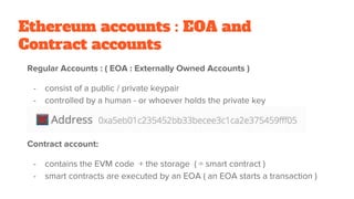 Ethereum accounts : EOA and
Contract accounts
Regular Accounts : ( EOA : Externally Owned Accounts )
- consist of a public / private keypair
- controlled by a human - or whoever holds the private key
Contract account:
- contains the EVM code + the storage ( = smart contract )
- smart contracts are executed by an EOA ( an EOA starts a transaction )
 