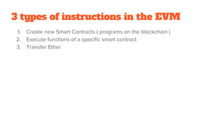 3 types of instructions in the EVM
1. Create new Smart Contracts ( programs on the blockchain )
2. Execute functions of a specific smart contract
3. Transfer Ether
 