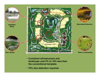 Vegetated                                          Naturalized Detention
     Swale




Rain Garden                                            Native Landscaping



               • Combined infrastructure and
                 landscape cost 5% to 10% less than
                 the conventional template.
               • 70% less detention required.
 