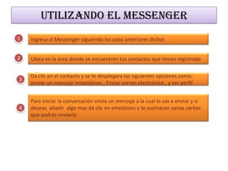 Utilizando el Messenger
1   Ingresa al Messenger siguiendo los paso anteriores dichos


2   Ubica en la área donde se encuentren tus contactos que tienes registrado

    Da clic en el contacto y se te desplegara las siguientes opciones como:
3
    enviar un mensaje instantáneo , Enviar correo electrónico , y ver perfil


    Para iniciar la conversación envía un mensaje a la cual lo vas a enviar y si
4   deseas añadir algo mas da clic en emoticons y te asomaran varias caritas
    que podrás enviarla
 