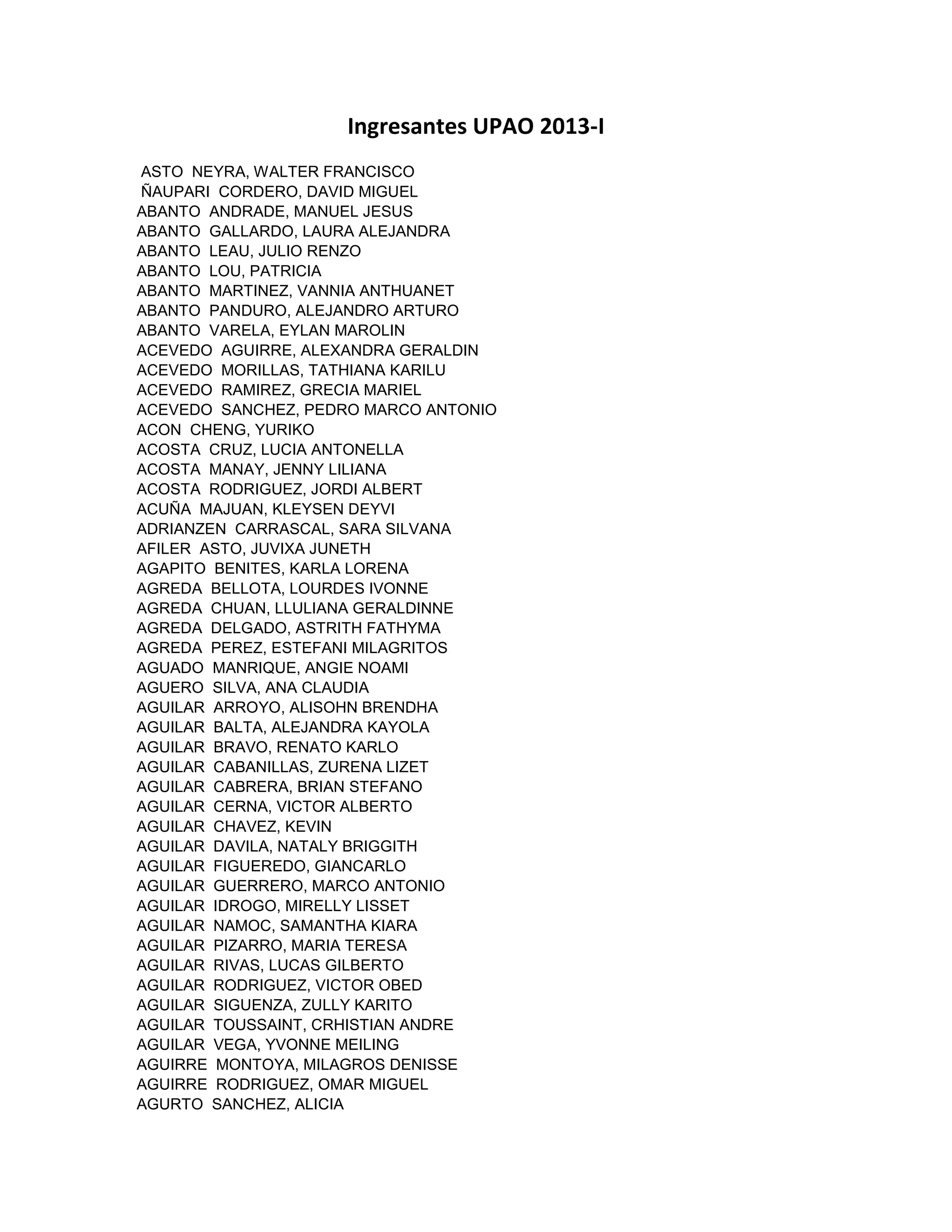 Ingresantes upao 2013 | DOCX