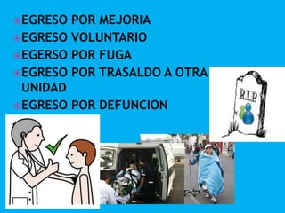  EGRESO POR MEJORIA
 EGRESO VOLUNTARIO
 EGERSO POR FUGA
 EGRESO POR TRASALDO A OTRA
  UNIDAD
 EGRESO POR DEFUNCION
 