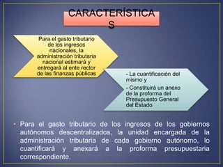 CARACTERÍSTICA
                          S
        Para el gasto tributario
            de los ingresos
             nacionales, la
       administración tributaria
         nacional estimará y
       entregará al ente rector
       de las finanzas públicas    - La cuantificación del
                                   mismo y
                                   - Constituirá un anexo
                                   de la proforma del
                                   Presupuesto General
                                   del Estado


• Para el gasto tributario de los ingresos de los gobiernos
  autónomos descentralizados, la unidad encargada de la
  administración tributaria de cada gobierno autónomo, lo
  cuantificará y anexará a la proforma presupuestaria
  correspondiente.
 
