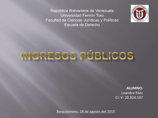 ALUMNO:
Leandro Páez
CI: V- 20.924.597
Barquisimeto, 28 de agosto del 2015
República Bolivariana de Venezuela
Universidad Fermín Toro
Facultad de Ciencias Jurídicas y Políticas
Escuela de Derecho
 