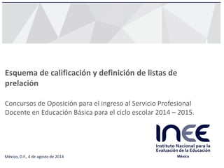 Esquema de calificación y definición de listas de
prelación
Concursos de Oposición para el ingreso al Servicio Profesional
Docente en Educación Básica para el ciclo escolar 2014 – 2015.
México, D.F., 4 de agosto de 2014
 