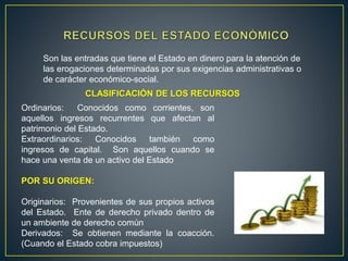 Ordinarios: Conocidos como corrientes, son
aquellos ingresos recurrentes que afectan al
patrimonio del Estado.
Extraordinarios: Conocidos también como
ingresos de capital. Son aquellos cuando se
hace una venta de un activo del Estado
POR SU ORIGEN:
Originarios: Provenientes de sus propios activos
del Estado. Ente de derecho privado dentro de
un ambiente de derecho común
Derivados: Se obtienen mediante la coacción.
(Cuando el Estado cobra impuestos)
Son las entradas que tiene el Estado en dinero para la atención de
las erogaciones determinadas por sus exigencias administrativas o
de carácter económico-social.
CLASIFICACIÓN DE LOS RECURSOS
 