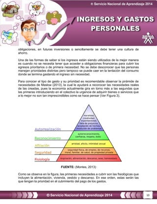 10
obligaciones, en futuras inversiones o sencillamente se debe tener una cultura de
ahorro.
Una de las formas de saber si los ingresos están siendo utilizados de la mejor manera
es cuando no se necesita tener que acceder a obligaciones financieras para cubrir los
egresos prioritarios o de primera necesidad. No se debe desconocer que las personas
manejan prioridades distintas pero tampoco se puede caer en la tentación del consumo
donde se termina gastando el ingreso sin necesidad.
Para conocer el tipo de gasto y su prioridad es recomendable observar la pirámide de
necesidades de Maslow (2013), la cual le ayudará a reconocer las necesidades reales
de las creadas, pues la economía actualmente gira en torno más a las segundas que
las primeras introduciendo en el colectivo la urgencia de adquirir bienes o servicios que
a lo mejor no son tan imprescindibles como se hace pensar (Ver Figura 3).
FUENTE: (Montes, 2013)
Como se observa en la figura, las primeras necesidades a cubrir son las fisiológicas que
incluyen la alimentación, vivienda, vestido y descanso. En ese orden, estas serán las
que tengan la prioridad en el cubrimiento del pago de los gastos.
 