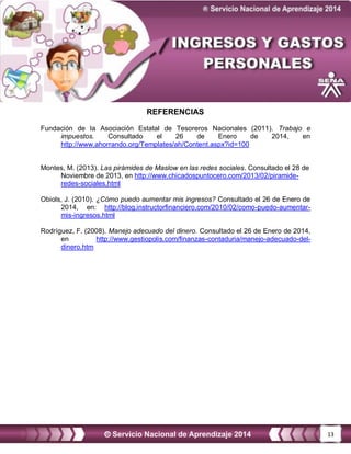 13
REFERENCIAS
Fundación de la Asociación Estatal de Tesoreros Nacionales (2011). Trabajo e
impuestos. Consultado el 26 de Enero de 2014, en
http://www.ahorrando.org/Templates/ah/Content.aspx?id=100
Montes, M. (2013). Las pirámides de Maslow en las redes sociales. Consultado el 28 de
Noviembre de 2013, en http://www.chicadospuntocero.com/2013/02/piramide-
redes-sociales.html
Obiols, J. (2010). ¿Cómo puedo aumentar mis ingresos? Consultado el 26 de Enero de
2014, en: http://blog.instructorfinanciero.com/2010/02/como-puedo-aumentar-
mis-ingresos.html
Rodríguez, F. (2008). Manejo adecuado del dinero. Consultado el 26 de Enero de 2014,
en http://www.gestiopolis.com/finanzas-contaduria/manejo-adecuado-del-
dinero.htm
 