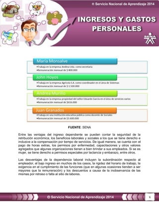 6
FUENTE: SENA
Entre las ventajas del ingreso dependiente se pueden contar la seguridad de la
retribución económica, los beneficios laborales y sociales a los que se tiene derecho e
inclusive a la compensación por tiempo de servicios. De igual manera, se cuenta con el
pago de horas extras, los permisos por enfermedad, capacitaciones y otros valores
agregados que algunas organizaciones tienen a bien brindar a sus empleados. Si se es
mujer, se tiene derecho a permisos especiales por lactancia y embarazo, entre otros.
Las desventajas de la dependencia laboral incluyen la subordinación respecto al
empleador, el bajo ingreso en muchos de los casos, la rigidez del horario de trabajo, la
exigencia en el cumplimiento de las funciones (que en algunas ocasiones tienden a ser
mayores que la remuneración) y los descuentos a causa de la inobservancia de las
mismas por retraso o falta al sitio de labores.
 